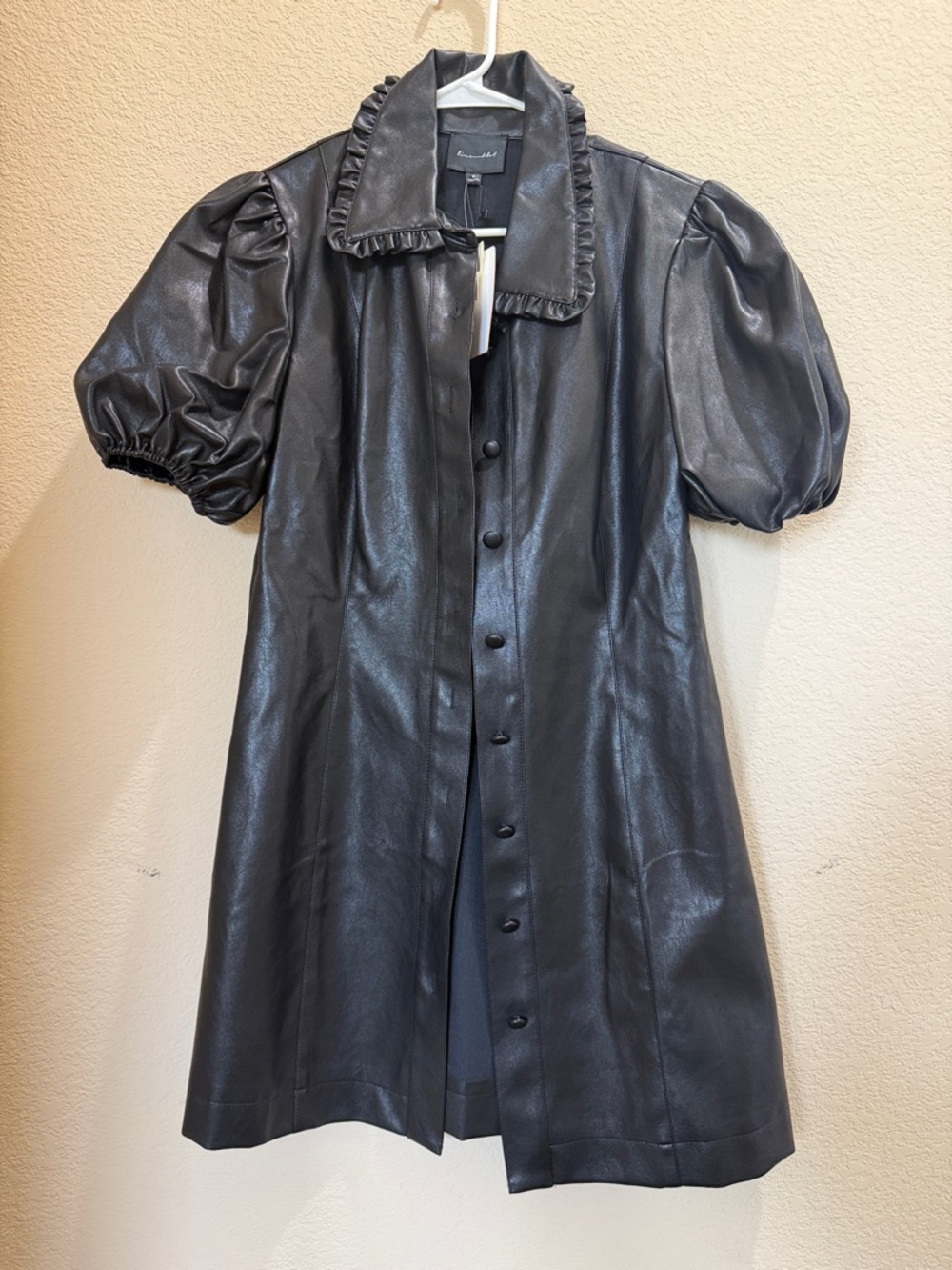 Black Faux Leather Puff Sleeve Coat with Ruffle Collar